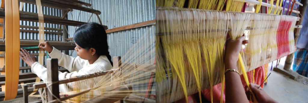 Chandabrati-closeup-hands-with-thread-montage Women working at Chandabrati Weavers